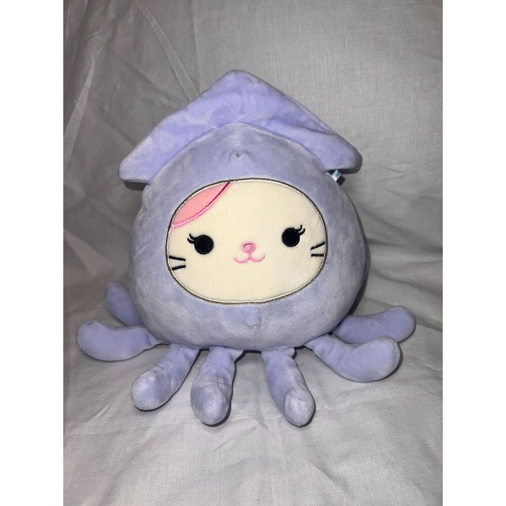 Squishmallow Karina the Cat in a purple squid costume plush